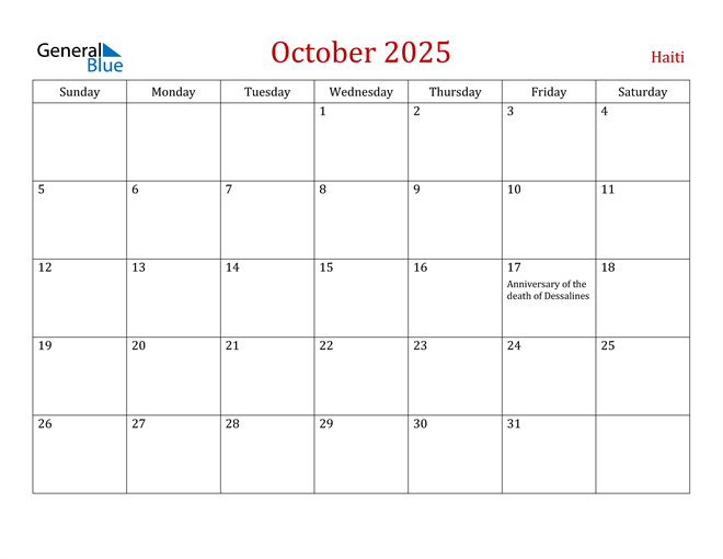 Haiti October 2025 Calendar