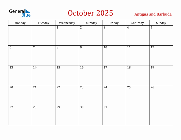 Antigua and Barbuda October 2025 Calendar - Monday Start