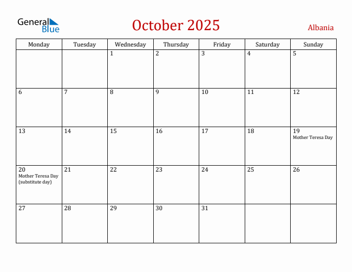 Albania October 2025 Calendar - Monday Start