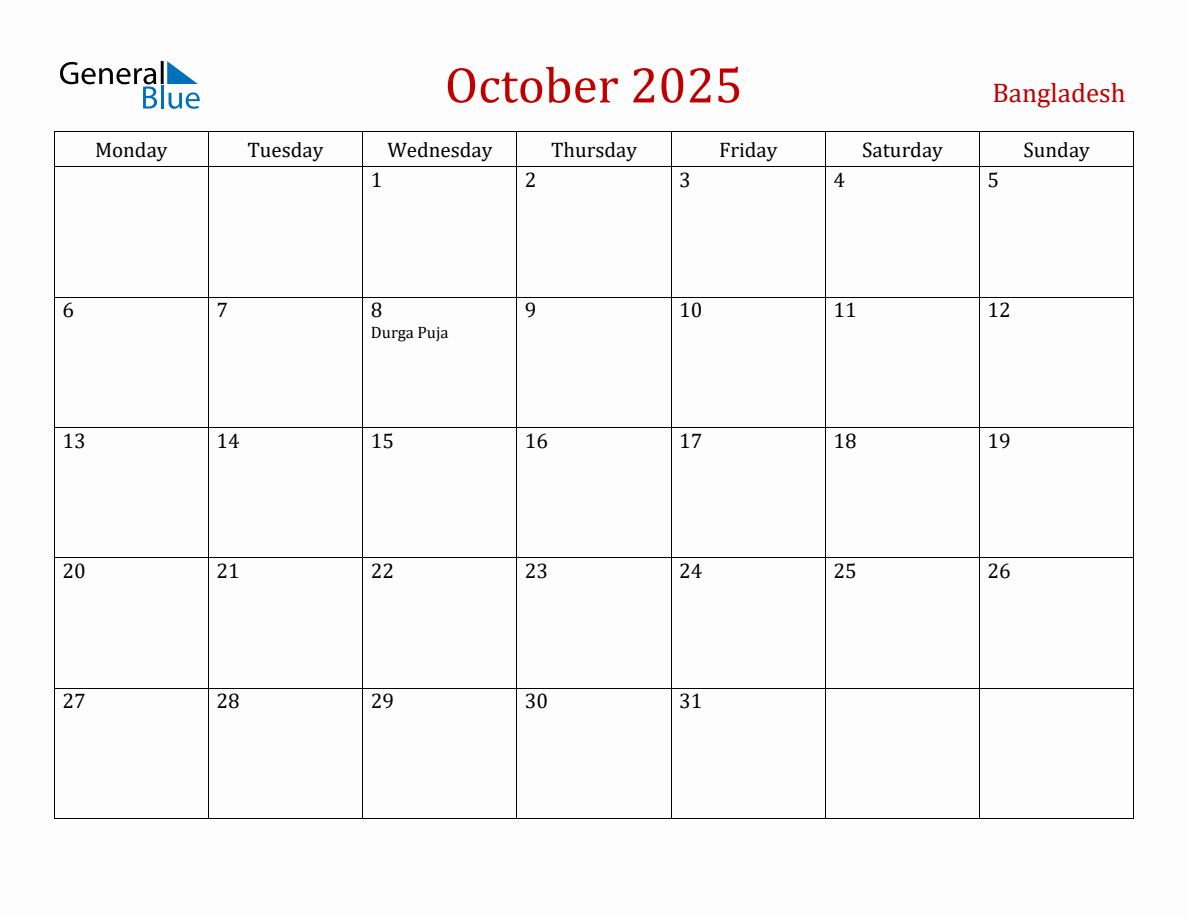 October 2025 Bangladesh Monthly Calendar with Holidays