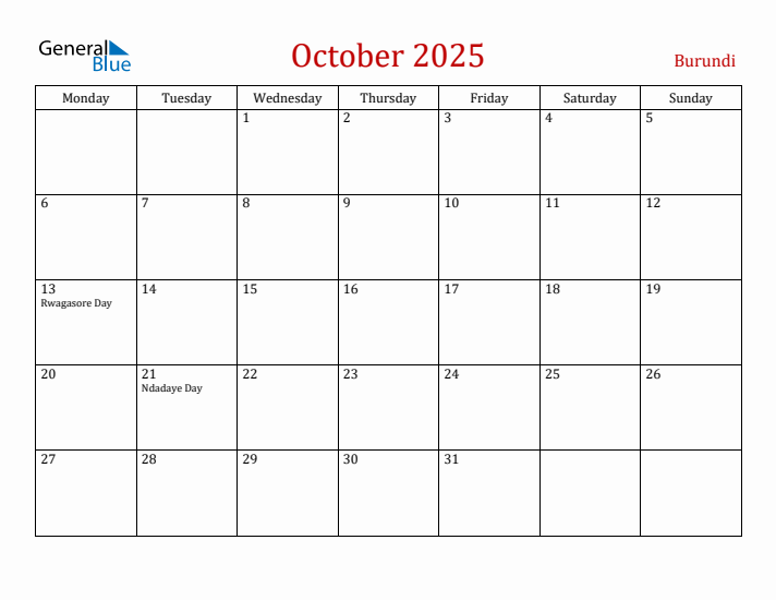 Burundi October 2025 Calendar - Monday Start