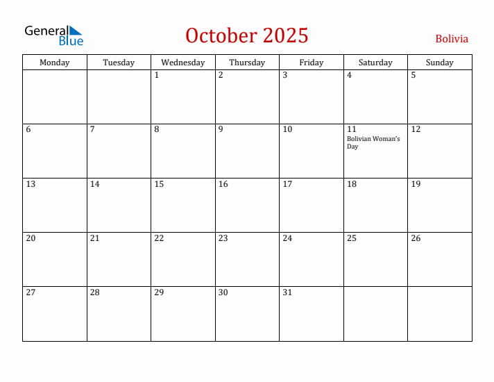 Bolivia October 2025 Calendar - Monday Start