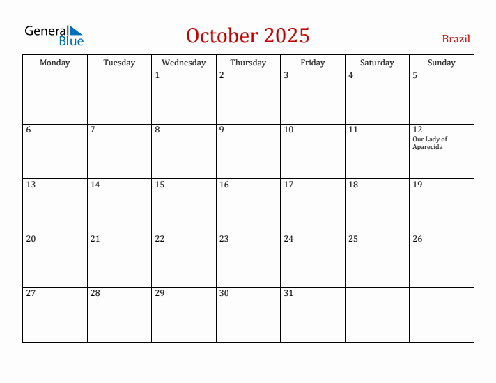 Brazil October 2025 Calendar - Monday Start