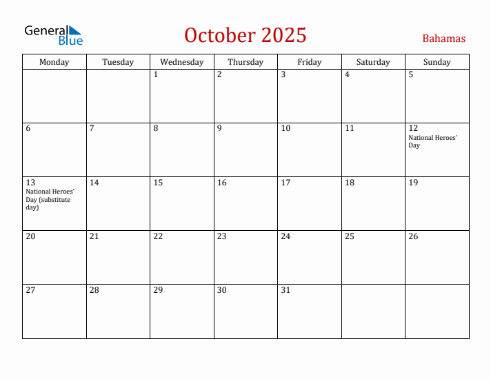 Bahamas October 2025 Calendar - Monday Start