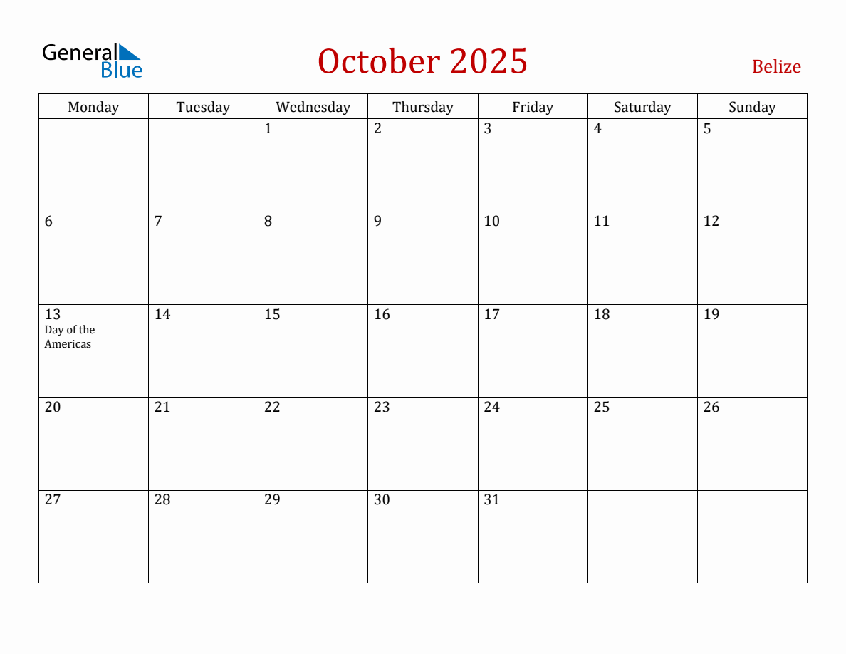 October 2025 Belize Monthly Calendar with Holidays