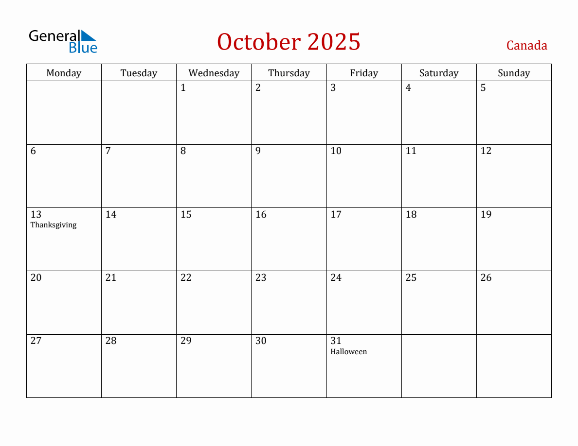 October 2025 Canada Monthly Calendar with Holidays