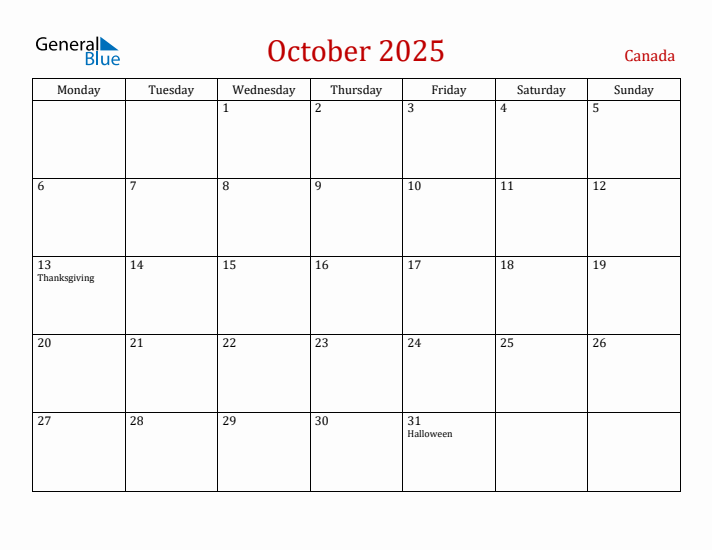 Canada October 2025 Calendar - Monday Start