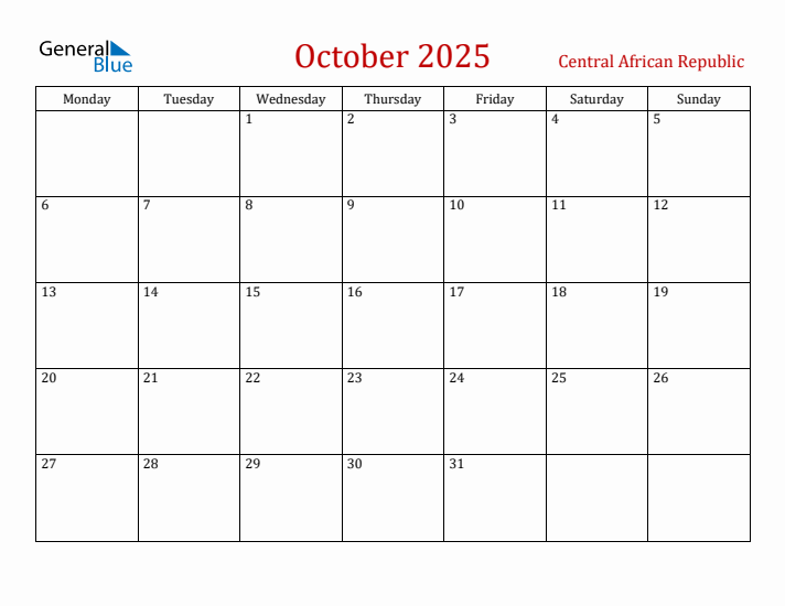 October 2025 Central African Republic Monthly Calendar with Holidays