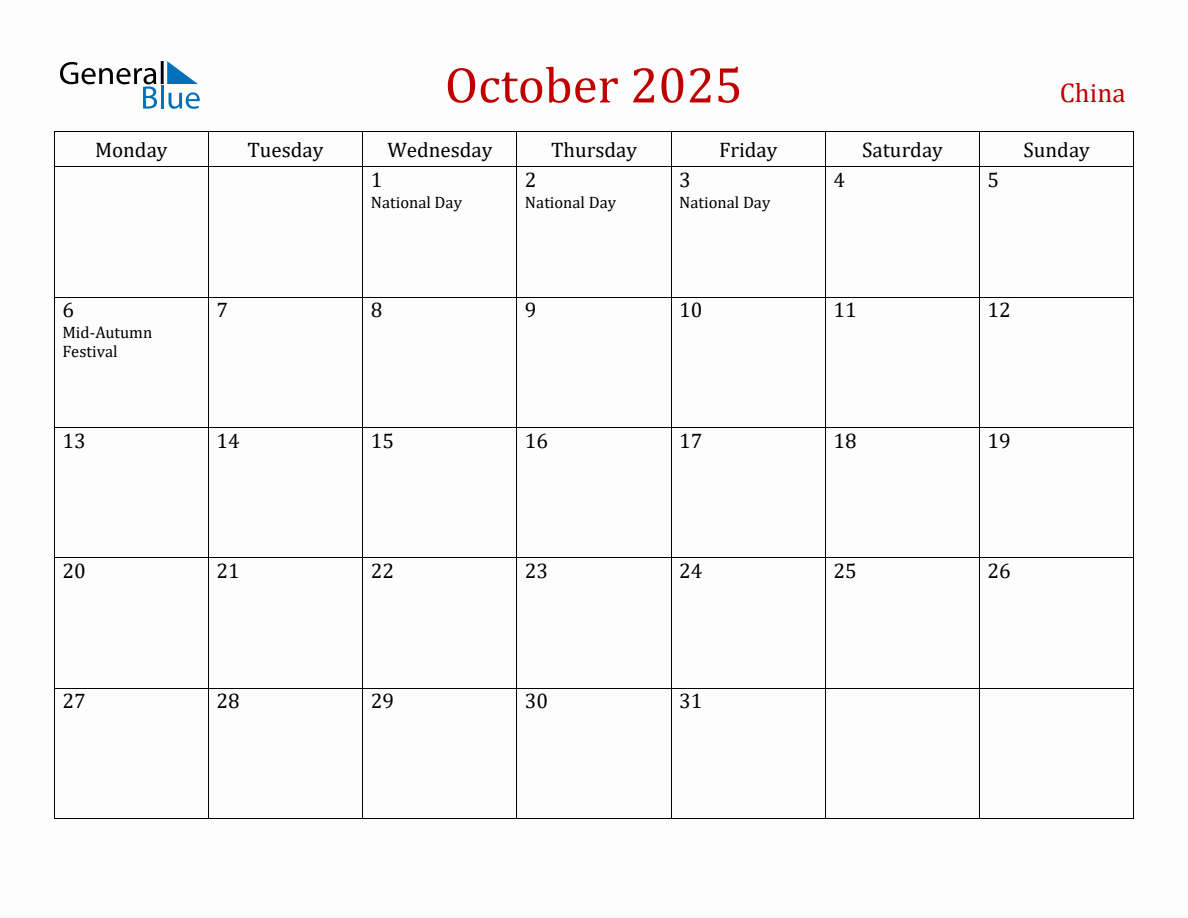 October 2025 China Monthly Calendar with Holidays
