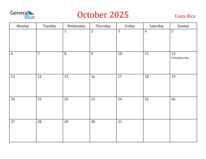 Costa Rica October 2025 Calendar - Monday Start