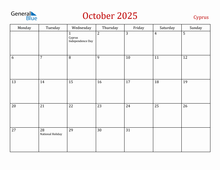 Cyprus October 2025 Calendar - Monday Start
