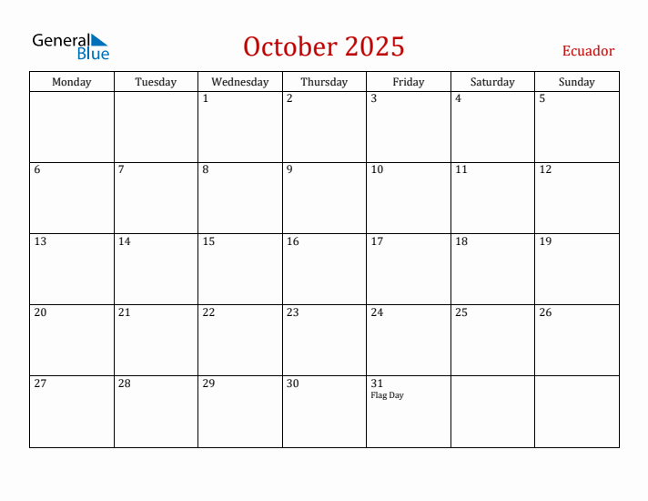 Ecuador October 2025 Calendar - Monday Start