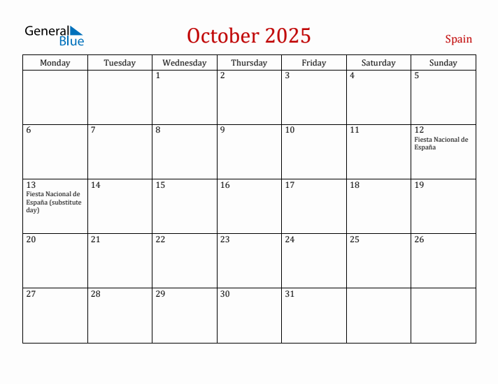 Spain October 2025 Calendar - Monday Start