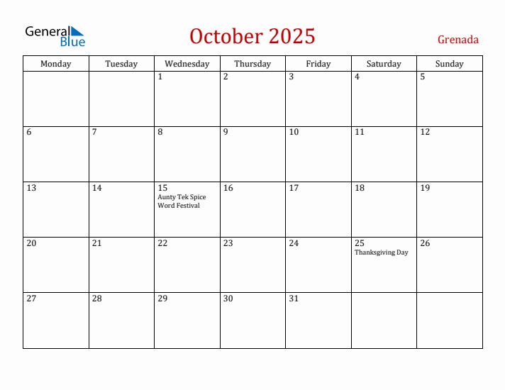 Grenada October 2025 Calendar - Monday Start