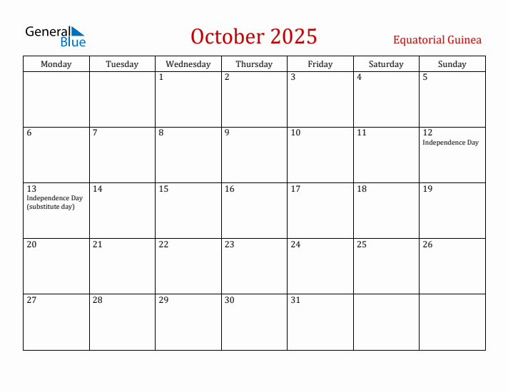 Equatorial Guinea October 2025 Calendar - Monday Start