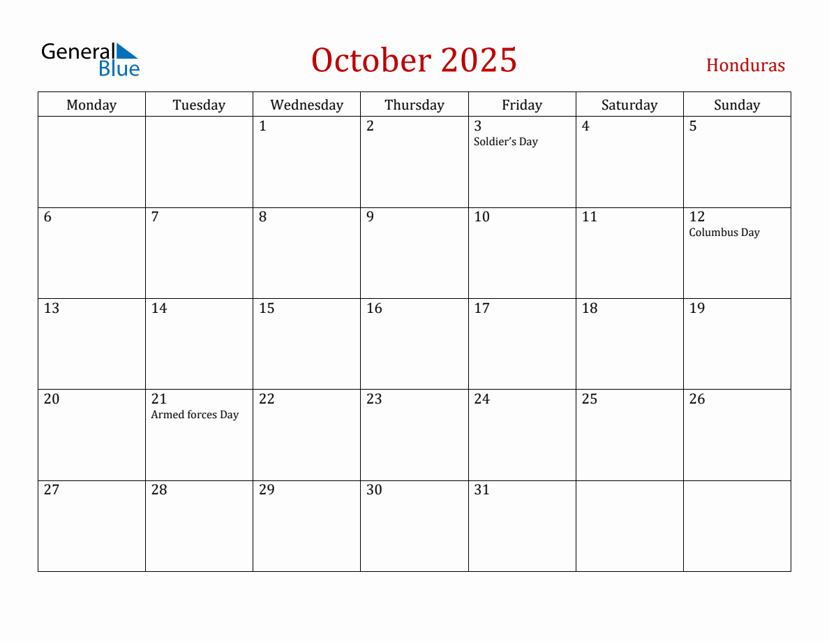 October 2025 Honduras Monthly Calendar with Holidays