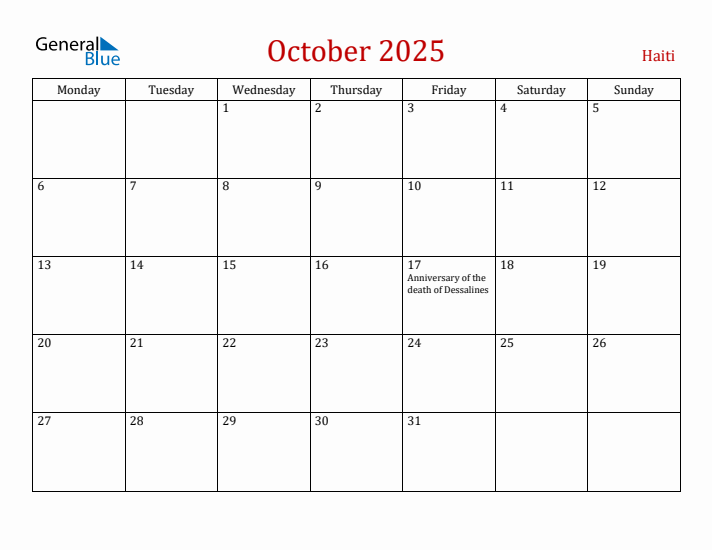 Haiti October 2025 Calendar - Monday Start