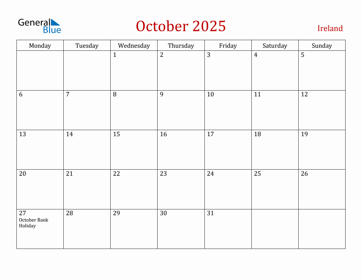 October 2025 Ireland Monthly Calendar with Holidays