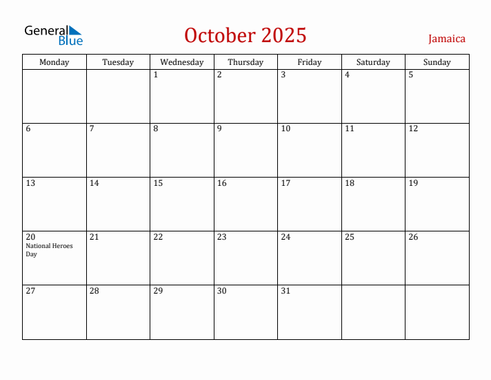 Jamaica October 2025 Calendar - Monday Start