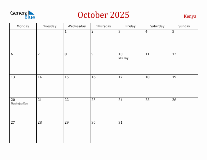 Kenya October 2025 Calendar - Monday Start
