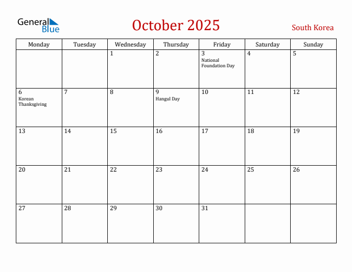 South Korea October 2025 Calendar - Monday Start