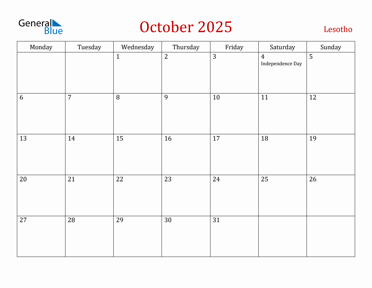 October 2025 Lesotho Monthly Calendar with Holidays