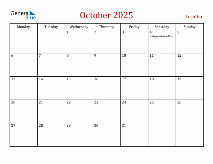 Lesotho October 2025 Calendar - Monday Start