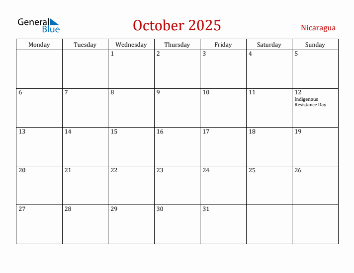 Nicaragua October 2025 Calendar - Monday Start