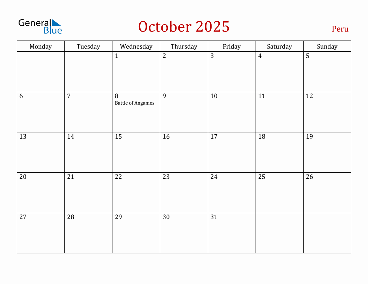 October 2025 Peru Monthly Calendar with Holidays