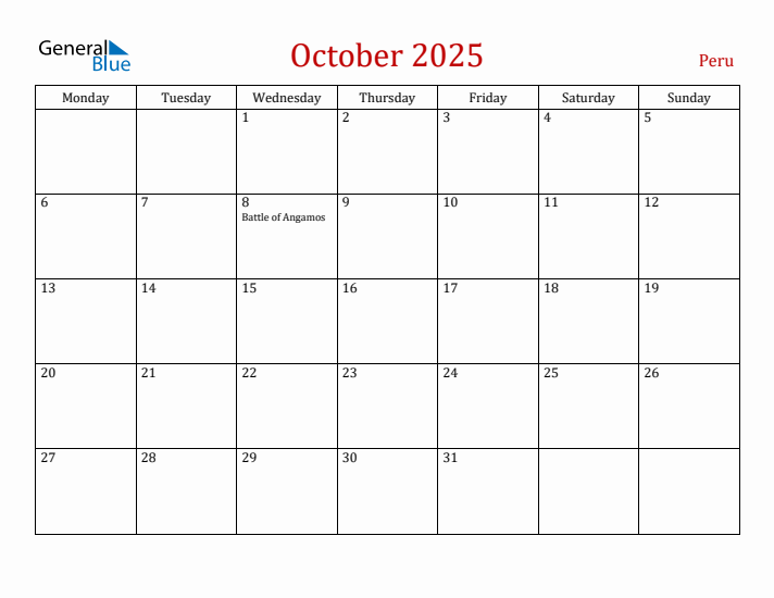 Peru October 2025 Calendar - Monday Start