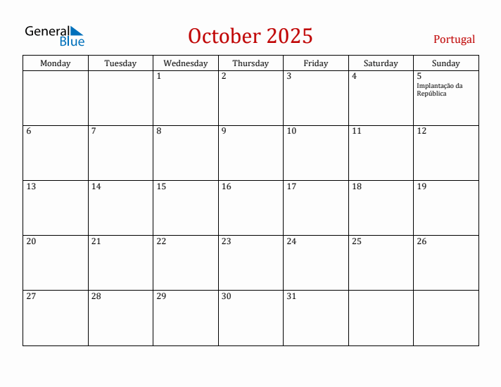 Portugal October 2025 Calendar - Monday Start