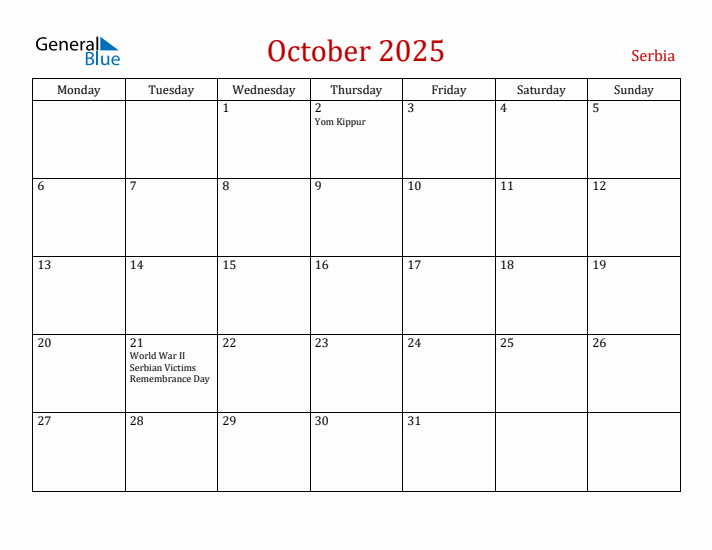 Serbia October 2025 Calendar - Monday Start