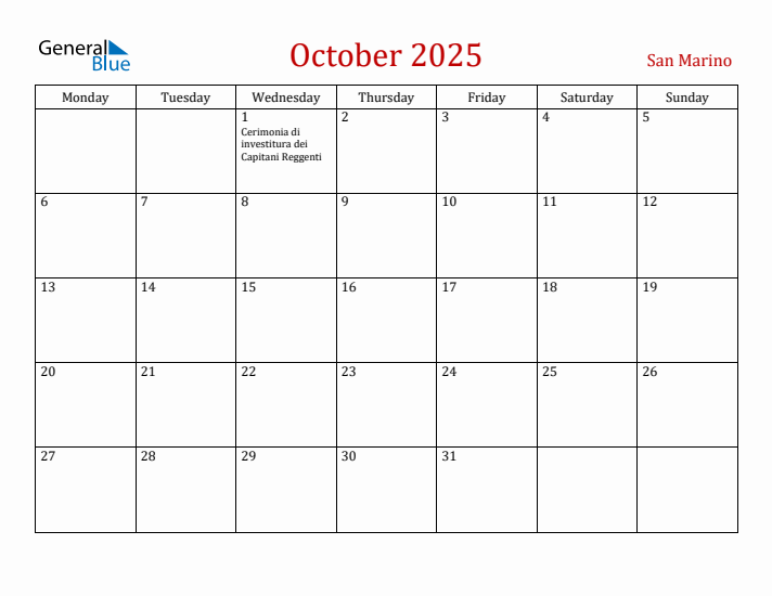 San Marino October 2025 Calendar - Monday Start
