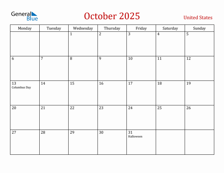 United States October 2025 Calendar - Monday Start