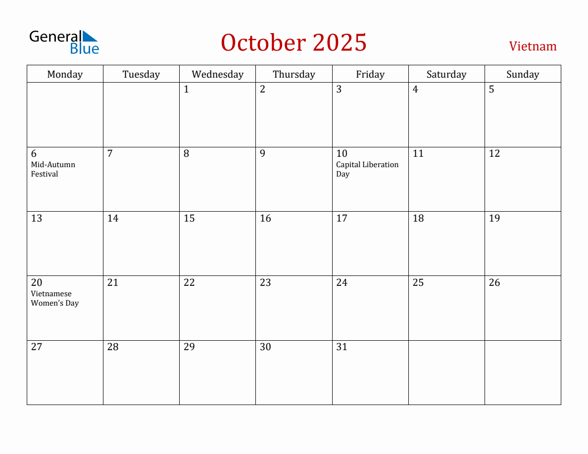 October 2025 Vietnam Monthly Calendar with Holidays