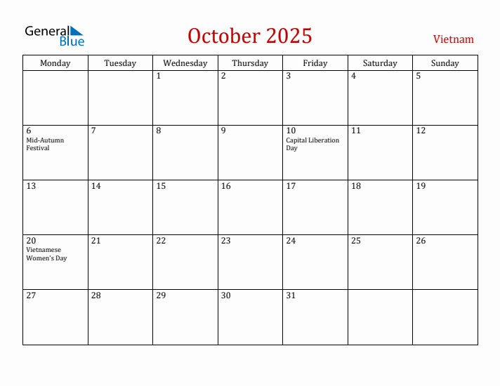 Vietnam October 2025 Calendar - Monday Start