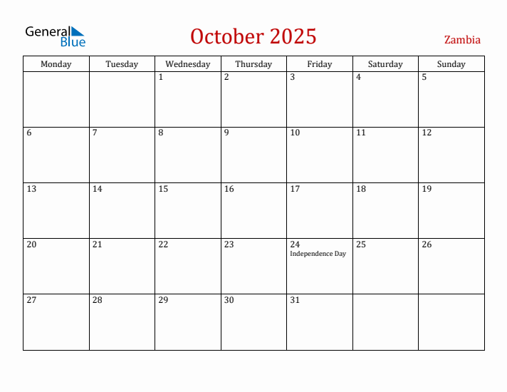 Zambia October 2025 Calendar - Monday Start