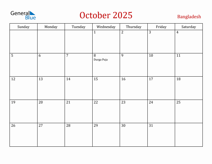 Bangladesh October 2025 Calendar - Sunday Start