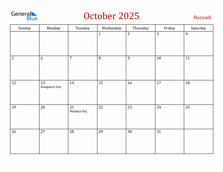 Burundi October 2025 Calendar - Sunday Start