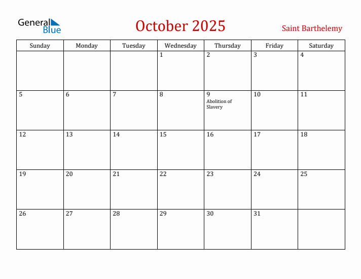 Saint Barthelemy October 2025 Calendar - Sunday Start