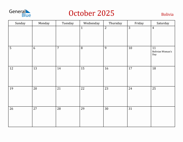 Bolivia October 2025 Calendar - Sunday Start