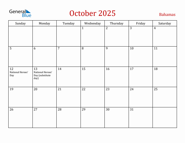 Bahamas October 2025 Calendar - Sunday Start