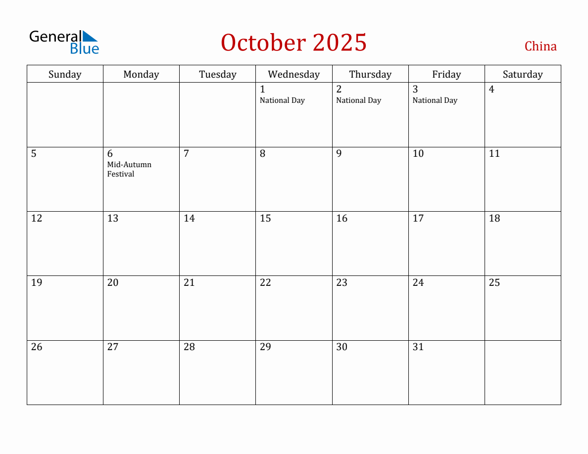 October 2025 China Monthly Calendar with Holidays
