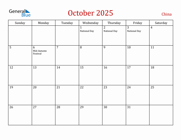 China October 2025 Calendar - Sunday Start