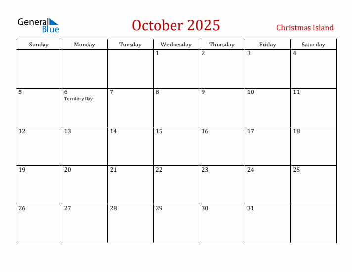 Christmas Island October 2025 Calendar - Sunday Start