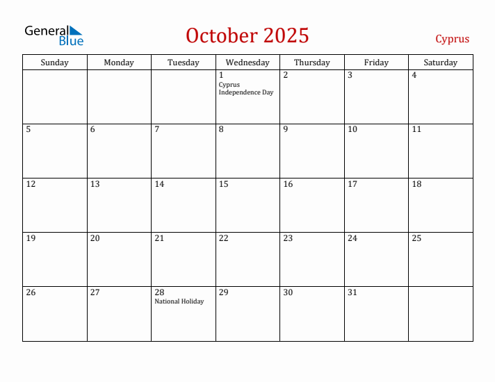 Cyprus October 2025 Calendar - Sunday Start