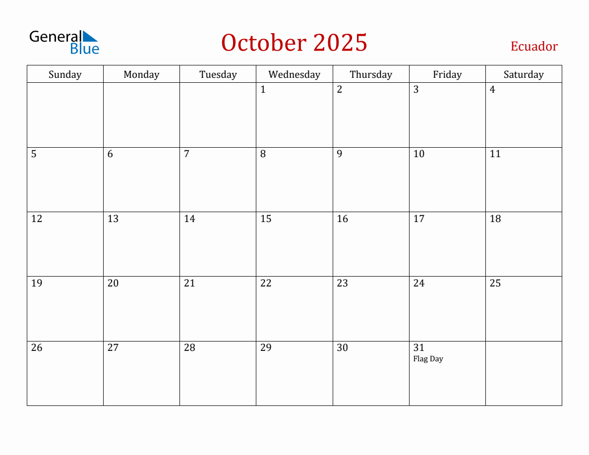 October 2025 Ecuador Monthly Calendar with Holidays