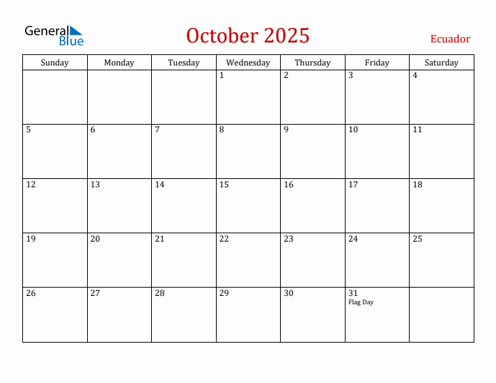 Ecuador October 2025 Calendar - Sunday Start
