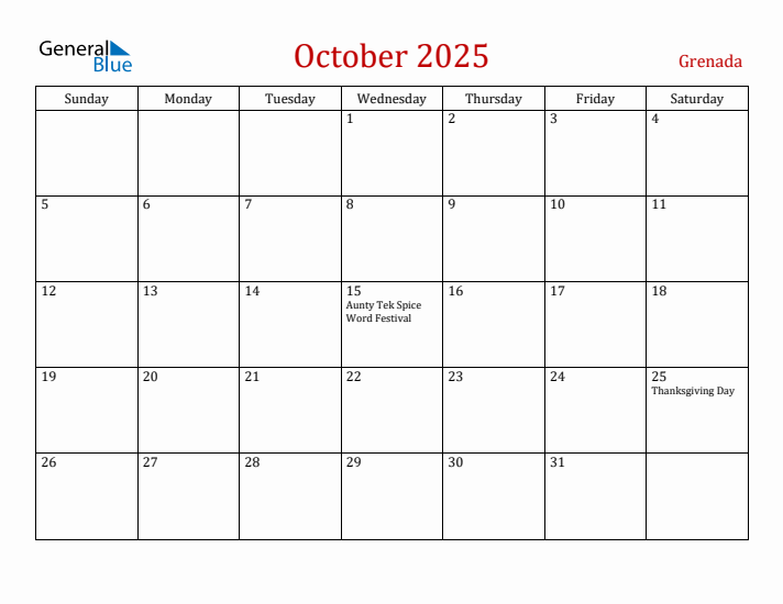 Grenada October 2025 Calendar - Sunday Start