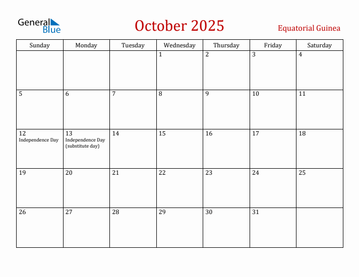 Equatorial Guinea October 2025 Calendar - Sunday Start